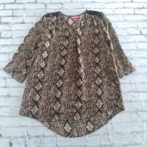 Mix and Co Blouse Womens Medium Brown Animal Print 3/4 Sleeve Tunic Top Boho